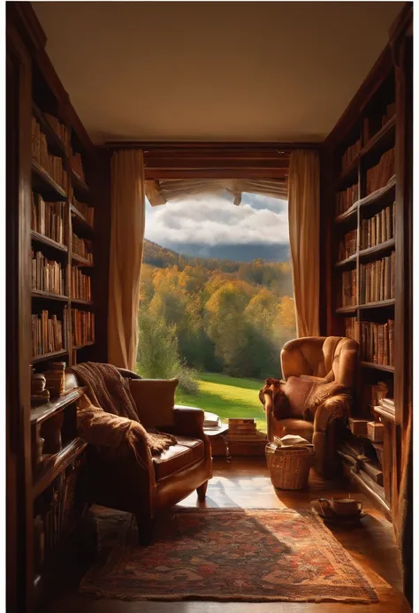 A photo of a cozy reading nook with a stack of books, a warm blanket, and a steaming cup of herbal tea,original,Man, male