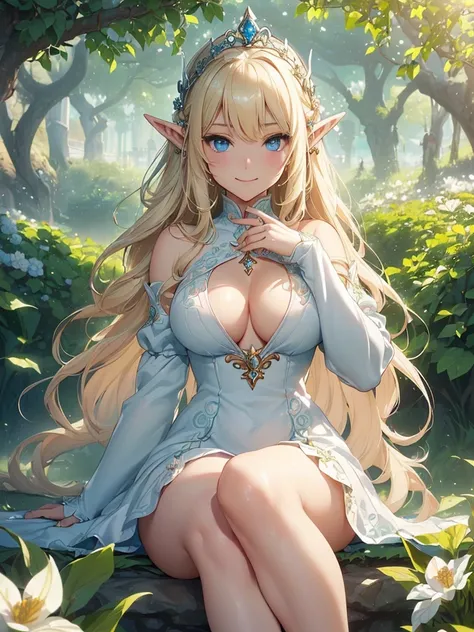 top-quality、Top image quality、​masterpiece、Gentle white dragon and elf、Elven Beauty、smil((24 year old、Best Bust、big bast、Bust 90,Beautiful blue eyes、,Blonde long hair、A slender、a closeup、Esbian、beautiful tiara、hiquality、beautiful white giant dragon、Beautif...