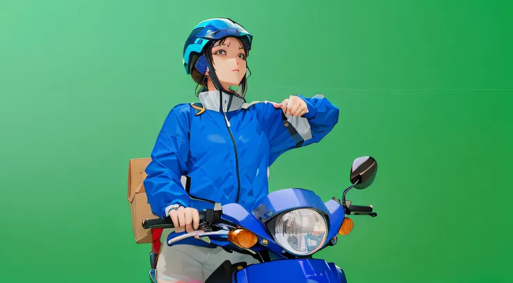 a sketch anime girl wearing blue jacket and blue helmet, she riding a blue motorcycle, looking in her hand