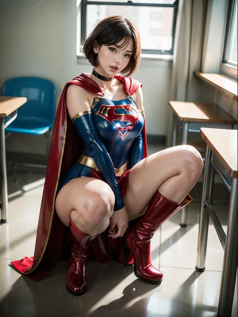 ​masterpiece,Short-haired supergirl spreading her thighs on a school desk、large full breasts、Looking at the camera、Glossy enamel costume、Glossy bright red enamel long boots、shiny red enamel skirt、a choker、Glimpse、Fluttering cloak、seduces、sexypose、shame、Ins...