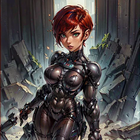 (SamanthaSaintQuiron, woman), dynamic pose, ((full body)), ((Black matte armor, )), (masterpiece, best quality), (detailed skin:1.3, detailed face:1.3), dslr,, ( Red Head, Very Short Hair, Pixie Cut:1.2), Green Eyes, Mascara, High resolution, Ultra-pointu,...