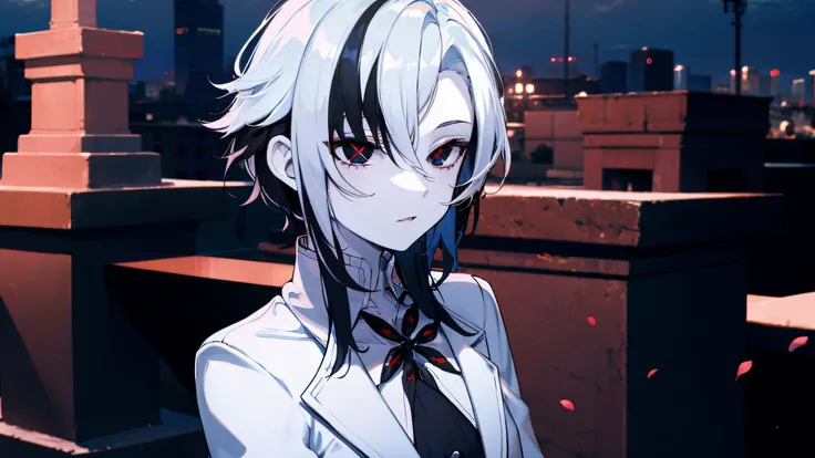 (masterpiece:1.2), (pale skin:1.2), (solo:1.2), (female:1.1), (emphasis lines:1.3), short hair, white hair, black hair, black eyes, (x-shaped pupils:1.5), white attire, outdoors, night, closed mouth