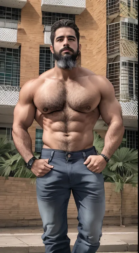 Hombre varonil con barba y ropa elegante parado frente a un edificio, cuerpo musculoso, enfoque en el pectoral, pectorales grandes, pectorales sin vello, cara definida, obra de arte, pelo cepillado, piel morena