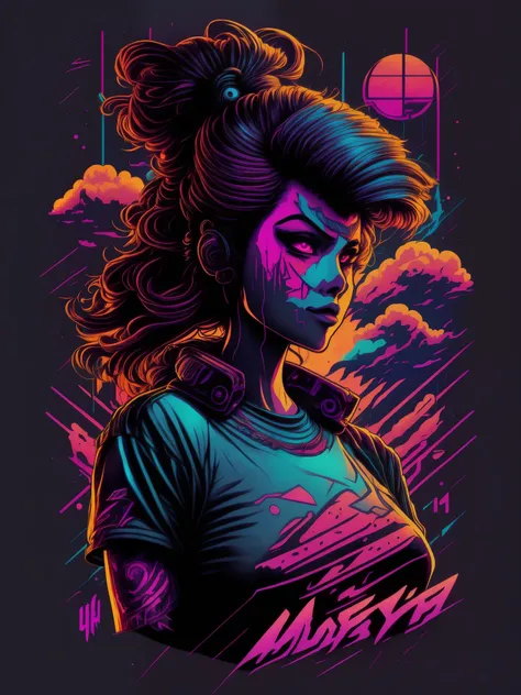 retrowave maya character design,sticker,Full body shot ,anime style, Trigger Studio style, manga art, comics, inking, graffiti art, graphic, neon colors, golden ratio composition, design for tshirt