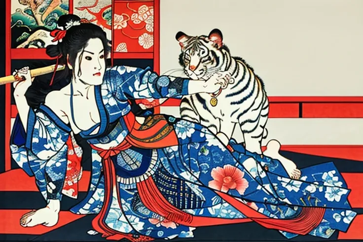 extreme quality, Ukiyo-e, Utagawa Kuniyoshi, byakko-tai, white tiger,
blizzard, bamboo, HDR,UHD,8K, best quality,