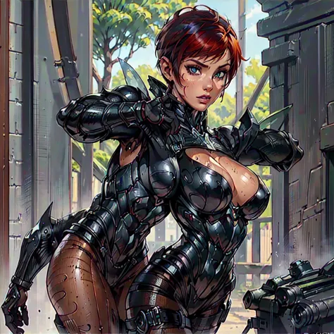 (SamanthaSaintQuiron, woman), dynamic pose, ((full body)), ((Black matte armor, )), (masterpiece, best quality), (detailed skin:1.3, detailed face:1.3), dslr,, ( Red Head, Very Short Hair, Pixie Cut:1.2), Green Eyes, Mascara, High resolution, Ultra-pointu,...