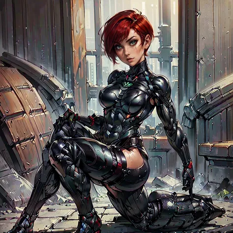 (SamanthaSaintQuiron, woman), dynamic pose, ((full body)), ((Black matte armor, )), (masterpiece, best quality), (detailed skin:1.3, detailed face:1.3), dslr,, ( Red Head, Very Short Hair, Pixie Cut:1.2), Green Eyes, Mascara, High resolution, Ultra-pointu,...