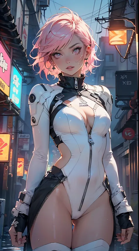 girl spacepunk,(((1girl))),((beautiful girl with cute pink hair)),

(large breasts:1.4),saggy breasts,((pink hair,pink messy hair,colored inner hair,short hair:1.5,absurdly short unkempt hair:1.35,short pink hair,ear breathing,intricate cut hair,((short ha...