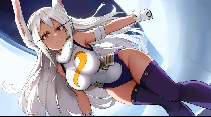 scan, (extremely detailed CG unity 8k wallpaper:1.1), highres,  ambient light, (1girl), mirkomha, boku no hero academia, rabbit ears, ((dark-skinned female)), ((dark skin)), red eyes, sleeveless, white gloves, highleg leotard, (white hair, long hair), larg...