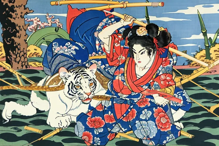 extreme quality, Ukiyo-e, Katsushika Hokusai, white tiger,
blizzard, bamboo, HDR, UHD, 8K,