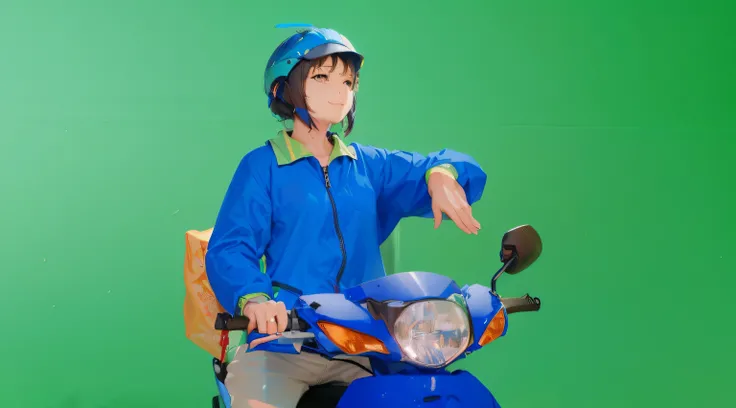 a sketch anime girl with smiling face, who wearing blue jacket and blue helmet, she riding a blue motorcycle, looking in her hand