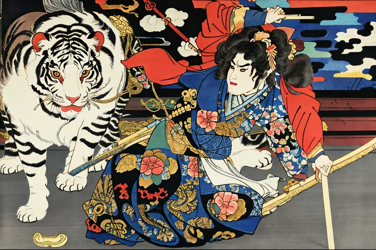 extreme quality, Ukiyo-e, Utagawa Kuniyoshi, byakko-tai, white tiger,
blizzard, bamboo, HDR, UHD, 8K,