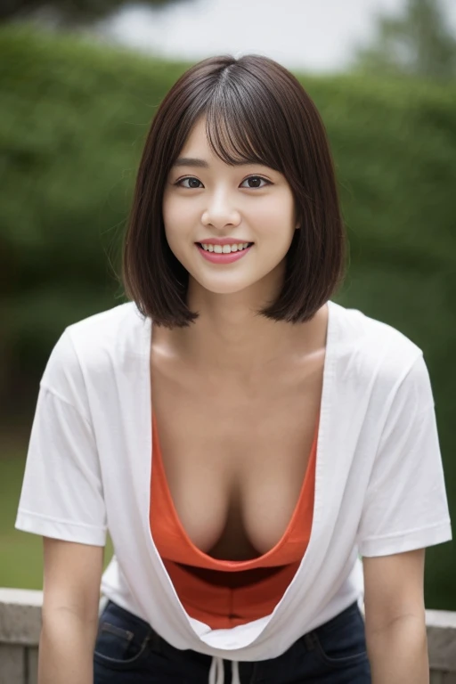 downbrouse、No bangs:1.10、straight flat chest:1.20, (leaning-forward:1.3)、(oversize tshirt、Loose-fitting T-shirt、Low Cut T-Shirt:1.5)、No bra;1.10, Pink areola is visible:1.20,  A Cup:1.20, Erotic, (top-quality、8K、32K、​masterpiece)、japanes、17 age、Very pretty...