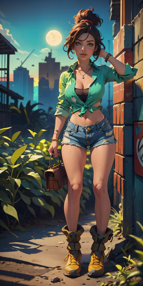 2076 year. N.uh. The Urban Ruins of the Wasteland, Female huntress picking fruit in the garden, beautiful face, torn shirt and denim shorts ,  long legs, sweating through, sun rising, Nice warm colors, head to toe full body shot