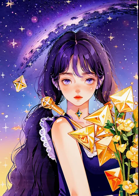 girl, located in the corner, looking at the sky, solo, Mona (Genshin Impact), choker, hair between eyes, star (symbol), long hair, dark purple hair, twintails, blue eyes, shining eyes, jewelry, witch, maid, bangs, purple black dress, purple skirt, white ap...