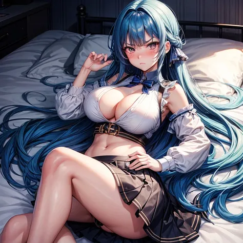 Cute anime girl, tsundere, annoyed, frowning, beautiful, long hair, blue hair, blushing lightly, looking at viewer, big breasts, cute skirt, portrait, exposed belly button