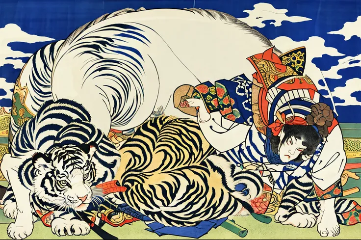 extreme quality, Ukiyo-e, style of Katsushika Hokusai, (white tiger:1.2),
blizzard, bamboo, HDR, UHD, 8K,