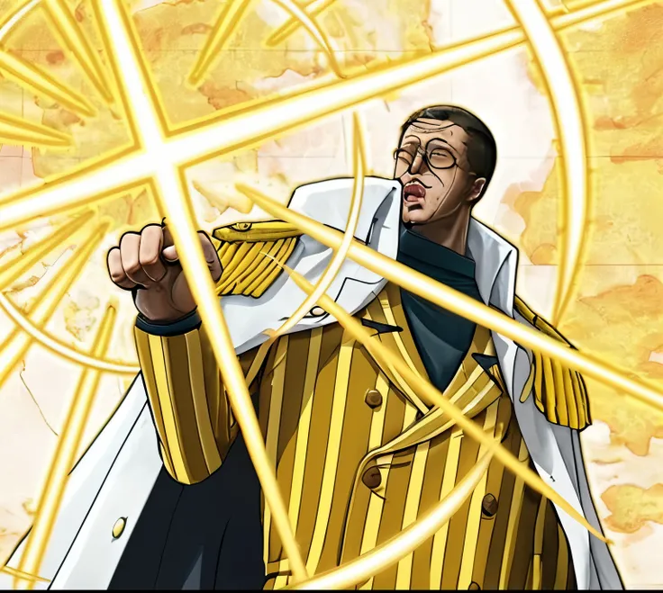 man, yellow uniform, marine white coat,light power