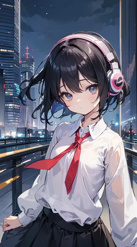 (Top quality illustrations:1.5)、(ultra-detailliert) 、(The background is the cityscape)、(Cute little girl s:1.0)、(女の子1人:1.0)、(Short black hair:1.0)、(School Uniforms:1.0)、(Waist to upper body:1.0)、17 age、Wearing headphones、D-cups、