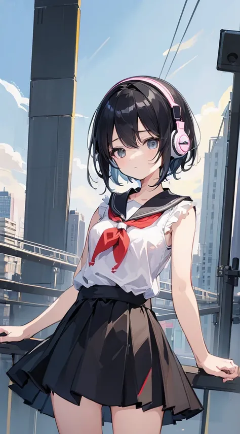 (Top quality illustrations:1.5)、(ultra-detailliert) 、(The background is the cityscape)、(Cute little girl s:1.0)、(女の子1人:1.0)、(Short black hair:1.0)、(School Uniforms:1.0)、(Waist to upper body:1.0)、17 age、Wearing headphones、D-cups、