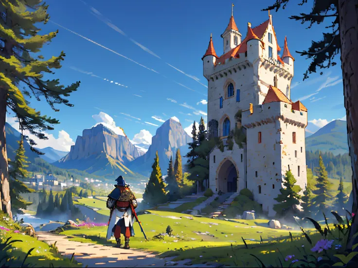 A pixel art of a medieval warrior on a hill looking at a medieval castle, landscape, mountains in the distance, pine trees, gorgeous clear sky, (ultra detailed), (masterpiece), intricate, intricate details, pixelart