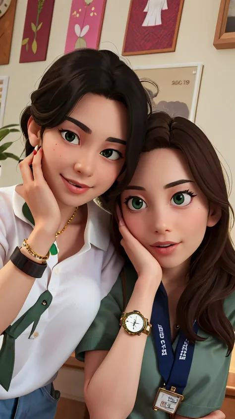 there are two pretty women posing for a picture together in a room. The first girl is wearing a white polo shirt and she’s wearing a watch. The second girl is wearing a moss green shirt and she’s wearing an ID and a watch