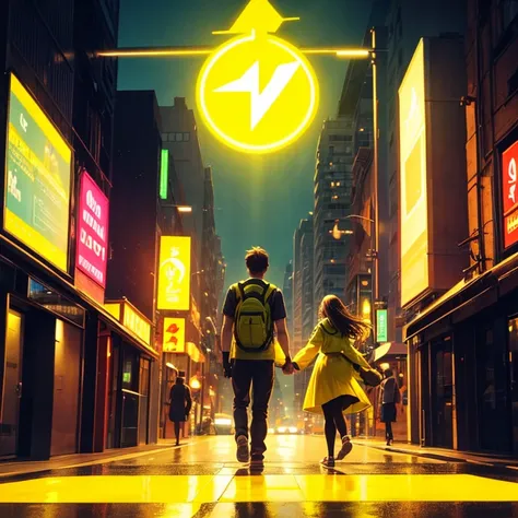 Side view of A boy holding a girl , the girl is fully illuminated by a neon yellow light, walking on a round mountain