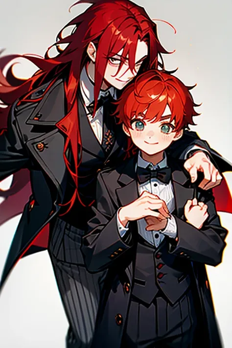 2boys, one has and long messy crimson hair with V bangs, goth, grey striped sweater, thick eyebrows, thin glasses,, black trench coat, chubby. the other has short ginger hair, bowtie and vest, wide smile. , couple, yaoi, kawaii