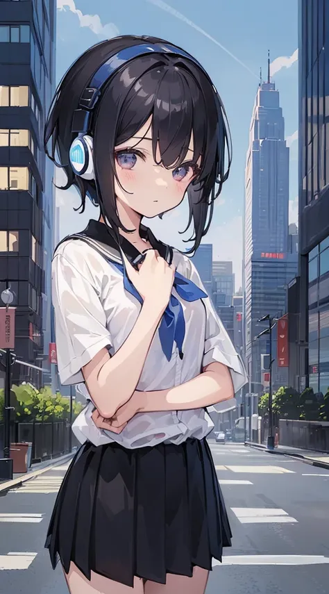 (Top quality illustrations:1.5)、(ultra-detailliert) 、(The background is the cityscape)、(Cute little girl s:1.0)、(女の子1人:1.0)、(Short black hair:1.0)、(School Uniforms:1.0)、(Waist to upper body:1.0)、17 age、Wearing headphones、D-cups、