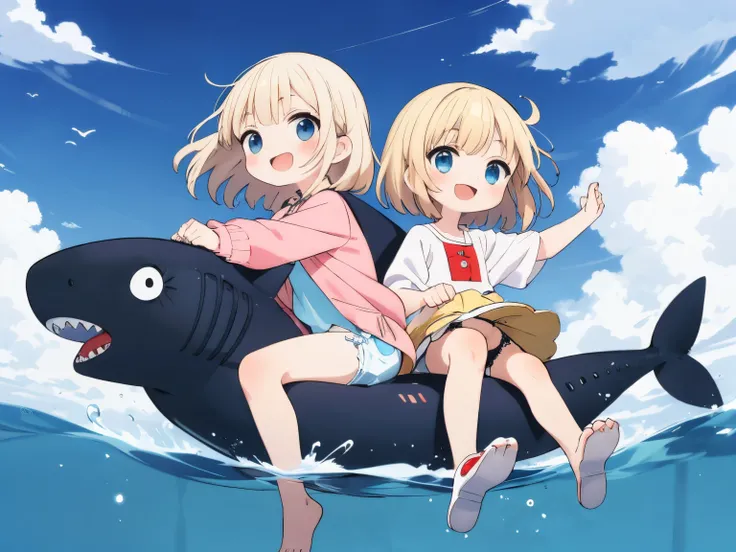 Best Quality, ultra-detailliert, kids riding on the back of a shark， 2 children, Gamine２In person, platinum-blonde-hair,  Floating hair, 
Smiling child，from the front side, Garter belt underwear,  prisma，shading