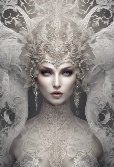 Incredibly detailed photography of a beautiful vampire alien, renaissance, Cheveux longs et blancs, yeux blancs complexes, Fantastique, ethereal, hyperdetailed, 32k resolution, dinamic lighting, nombril couvert, hyper detailed, intricate high detail, Tenda...