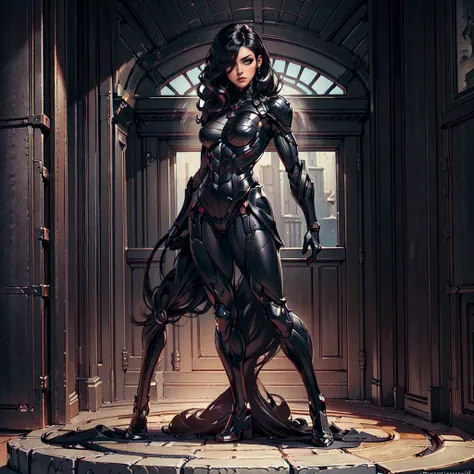 (Petaj, woman), dynamic pose, ((full body)), ((Black matte armor, )), (masterpiece, best quality), (detailed skin:1.3, detailed face:1.3), dslr,, (((hair over one eye))), (big hair1.2)), black hair), Grey Eyes, Mascara, Eyeliner, High resolution, Ultra-poi...