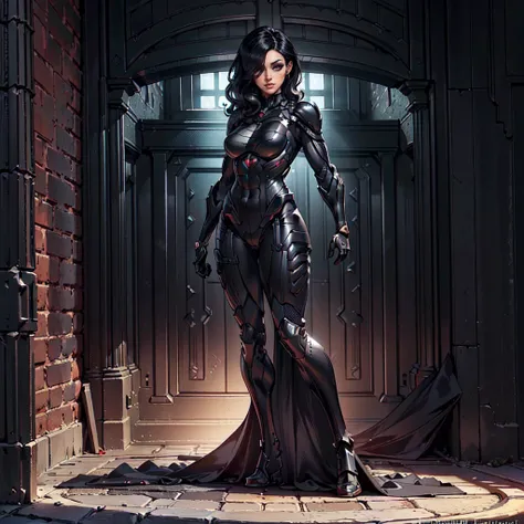 (Petaj, woman), dynamic pose, ((full body)), ((Black matte armor, )), (masterpiece, best quality), (detailed skin:1.3, detailed face:1.3), dslr,, (((hair over one eye))), (big hair1.2)), black hair), Grey Eyes, Mascara, Eyeliner, High resolution, Ultra-poi...