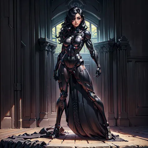 (Petaj, woman), dynamic pose, ((full body)), ((Black matte armor, )), (masterpiece, best quality), (detailed skin:1.3, detailed face:1.3), dslr,, (((hair over one eye))), (big hair1.2)), black hair), Grey Eyes, Mascara, Eyeliner, High resolution, Ultra-poi...