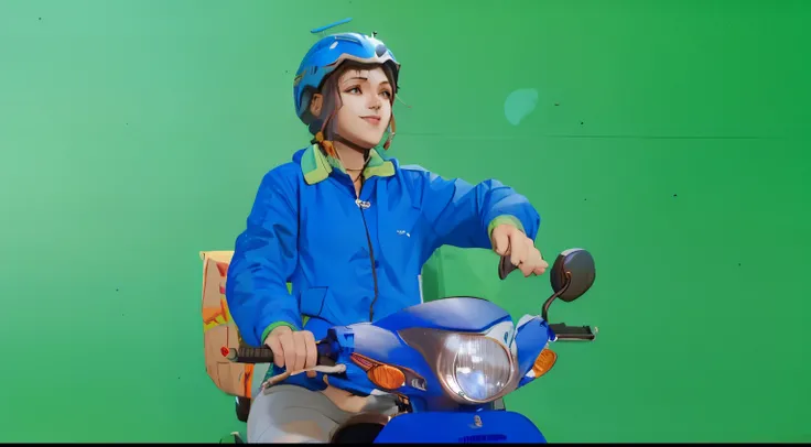 sketch anime girl with smiling face, who wearing blue jacket and blue helmet, she riding a blue motorcycle, looking in her hand