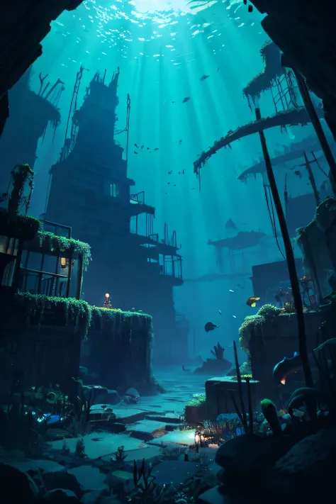 Illustration of dark underwater ruins