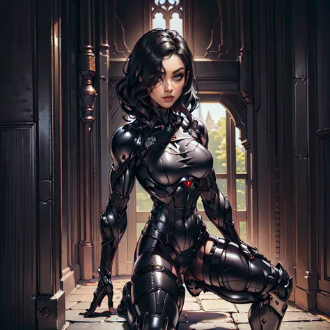 (Petaj, woman), dynamic pose, ((full body)), ((Black matte armor, )), (masterpiece, best quality), (detailed skin:1.3, detailed face:1.3), dslr,, (((hair over one eye))), (big hair1.2)), black hair), Grey Eyes, Mascara, Eyeliner, High resolution, Ultra-poi...