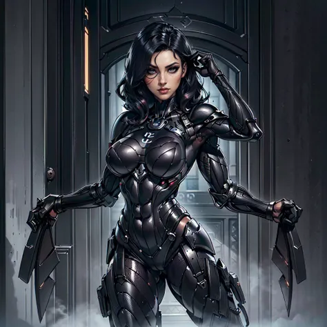 (Petaj, woman), dynamic pose, ((full body)), ((Black matte armor, )), (masterpiece, best quality), (detailed skin:1.3, detailed face:1.3), dslr,, (((hair over one eye))), (big hair1.2)), black hair), Grey Eyes, Mascara, Eyeliner, High resolution, Ultra-poi...