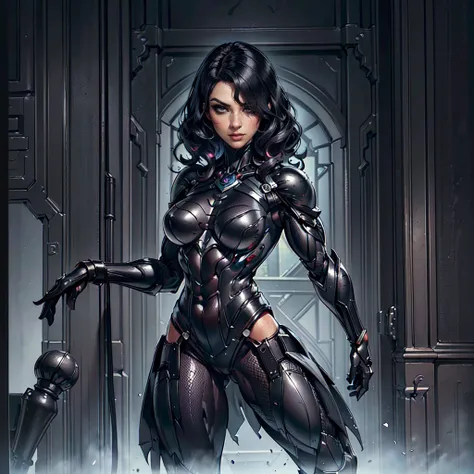 (Petaj, woman), dynamic pose, ((full body)), ((Black matte armor, )), (masterpiece, best quality), (detailed skin:1.3, detailed face:1.3), dslr,, (((hair over one eye))), (big hair1.2)), black hair), Grey Eyes, Mascara, Eyeliner, High resolution, Ultra-poi...