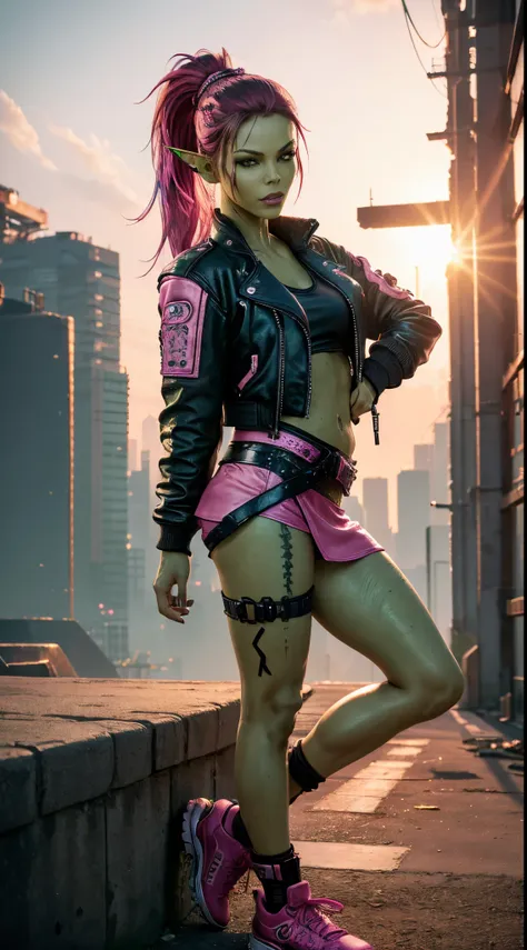 1girl, sexy githyanki, (green skin:1.4), cyberpunk, cyberpunk black ponytail, orange eyes, pointy ears, navel, midriff, (cyberpunk pink leather jacket:1.3), (cyberpunk black mini skirt:1.2), (cyberpunk red sneakers on heels:1.2), headphones, belt, pouch, m...