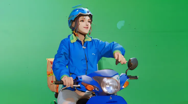 sketch anime girl with smiling face, who wearing blue jacket and blue helmet, she riding a blue motorcycle, looking in her hand