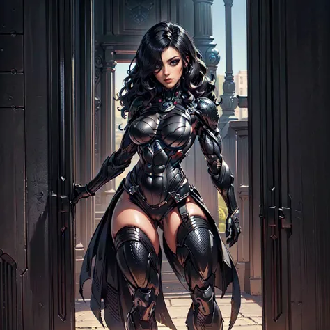 (Petaj, woman), dynamic pose, ((full body)), ((Black matte armor, )), (masterpiece, best quality), (detailed skin:1.3, detailed face:1.3), dslr,, (((hair over one eye))), (big hair1.2)), black hair), Grey Eyes, Mascara, Eyeliner, High resolution, Ultra-poi...