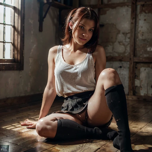 Sitting, Photographie fine, busty Claire Danes, ((resembles Claire Danes)), ((cute excited face)), ((Hyper detailed perfect eyes,)), ((pose mignonne)),  sexy, (( loose white tanktop,black skirt sexy)), ((straight dark red hair)),  ((thighhigh red socks)), ...