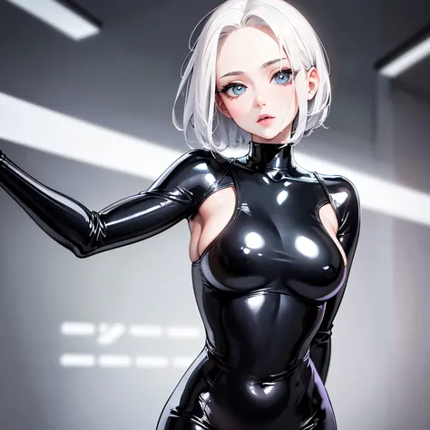 super high quality, 8k, RAW photo, realistic, white messy short hair, forehead, cute woman, full makeup, annoying sexy expressions, amorous expression, lewd expression, large breasts, slender, perfect proportion, wearing iridescent black latex rubber tight...