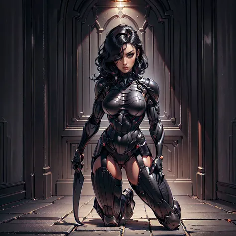 (Petaj, woman), dynamic pose, ((full body)), ((Black matte armor, )), (masterpiece, best quality), (detailed skin:1.3, detailed face:1.3), dslr,, (((hair over one eye))), (big hair1.2)), black hair), Grey Eyes, Mascara, Eyeliner, High resolution, Ultra-poi...