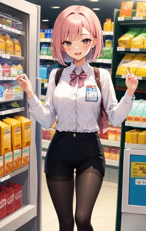 //Character 1girl,cheerful sales clerk , perfect body, slim curve, ultra detailed face, super beautiful, innocent, cute girl, thin eyeblow, rond face, smiling full of compassion, half opened mouth, kissing face,beautiful short bobstyle, BREAK //Fashion uni...