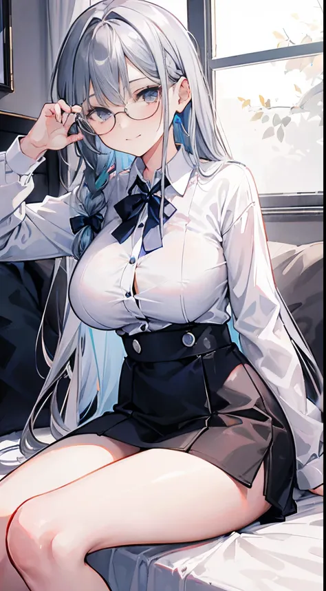 Silver-haired 18-year-old girl, Blue Highlights., Brown eyes, Big breasts. long-haired,Braided left and right, put on glasses, Wear a white long-sleeved shirt......Button Up.  Black miniskirt, Sitting on the bed,....With a little smile......