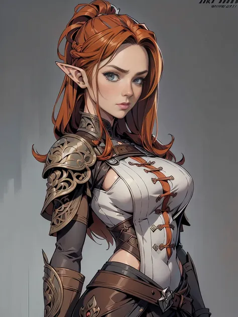 extremely detailed 8k wallpaper, Ultrarealistic, highres, masterpiece, ultra-detailed, high resolution, smooth, video game cut scene, close up, various angles, 1 young female elf warrior with a very detailed long hair, ((intricate hairstyle:1.3)), (((ginge...