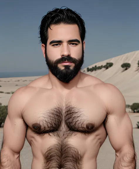 Retrato de un joven, musculoso muy guapo y atractivo guerrero egipcio, frente a un desierto de arena, barba delineada, cuerpo peludo, ricas joyas coloridas y doradas, primer plano, pose real y actitud.