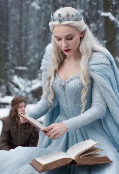 Ice queen from chronicles of narnia, bending over to pick up book